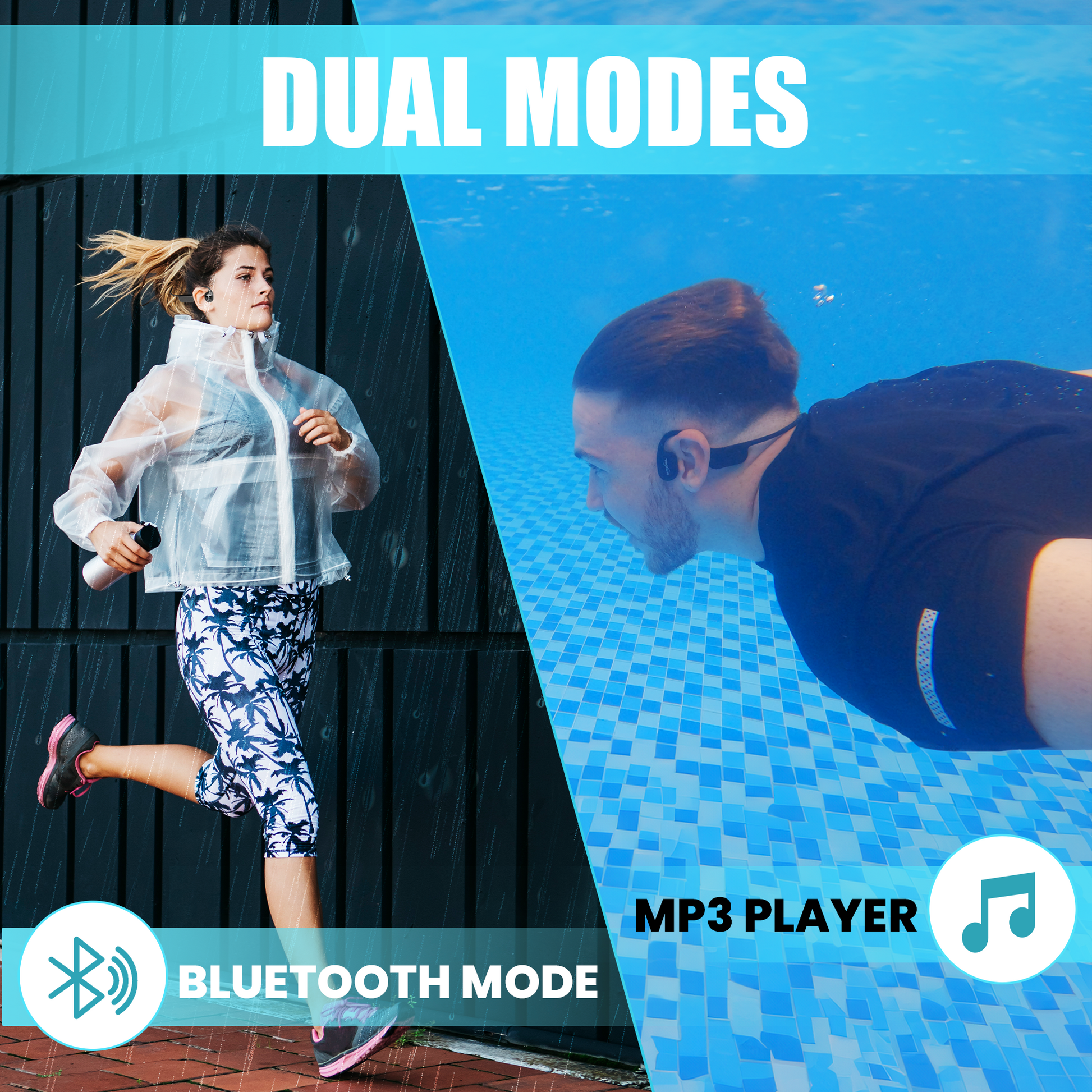 Bone conduction headphones shown for both swimming and running activities